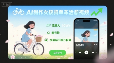 AI制作女孩骑单车治愈视频，流量大，起号快，快速起千粉万粉号-猴哥项目网