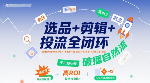 选品+剪辑+投流全闭环，破播自然流+撬动高ROI，手把手打通“选品-剪辑-测品-千川随心推”全链-猴哥项目网