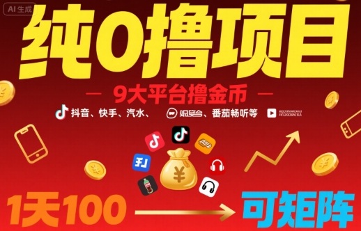 纯0撸项目，9大平台撸金币，抖音，快手，汽水，番茄畅听等，1天100，可矩阵-猴哥项目网
