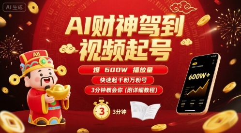 AI财神驾到视频起号，爆600W播放量，快速起千粉万粉号，3分钟教会你(附详细教程)-猴哥项目网