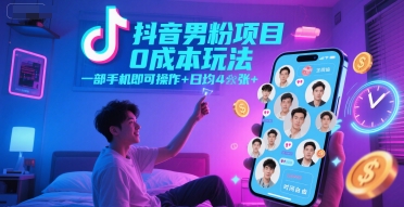 抖音男粉项目0成本玩法，一部手机即可操作，日均4张+，时间自由-猴哥项目网