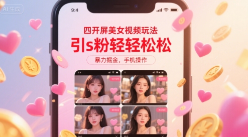 四开屏美女视频玩法，引s粉轻轻松松，暴力掘金，手机操作【揭秘】-猴哥项目网