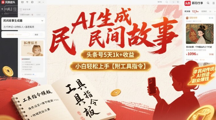 AI生成民间故事，头条号5天1k+，小白轻松上手【附工具指令】-猴哥项目网