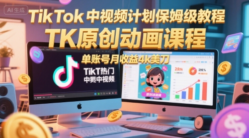 TikTok中视频计划保姆级教程，TK原创动画课程，单账号月收益4k美刀-猴哥项目网