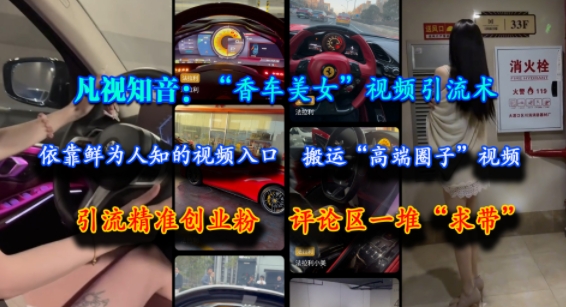 凡视知音：“香车美女”视频引流术，依靠鲜为人知的视频入口，搬运“高端圈子”视频，引流精准创业粉，评论区一堆“求带”-猴哥项目网