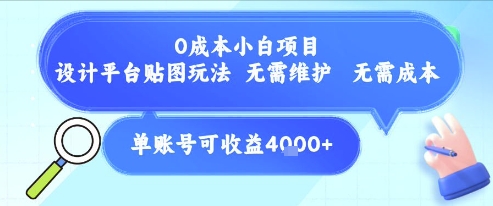 0成本小白项目，设计平台贴图玩法，无需维护，无需成本，单账号单月可产生收益4k+-猴哥项目网