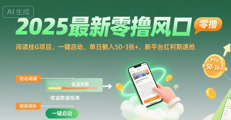 2025最新零撸风口，阅读挂G项目，一键启动，单日躺入 50-3张+，新平台红利期速抢【揭秘】-猴哥项目网