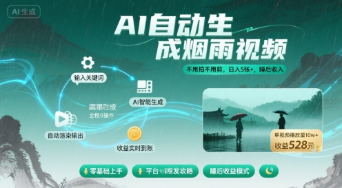 不用拍不用剪！AI自动生成烟雨视频，日入5张+，睡后收入-猴哥项目网