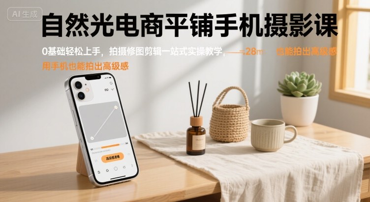 自然光电商平铺手机摄影课，0基础轻松上手，拍摄修图剪辑一站式实操教学，用手机也能拍出高级感-猴哥项目网