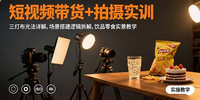 短视频带货+拍摄实训：三灯布光法详解,场景搭建逻辑拆解,饮品零食实景教学-猴哥项目网