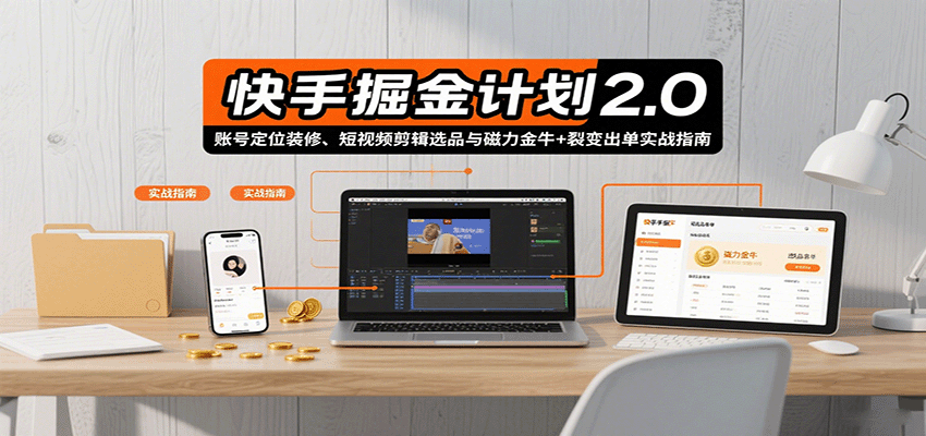 快手掘金计划2.0，账号定位装修、短视频剪辑选品与磁力金牛+裂变出单实战指南-猴哥项目网