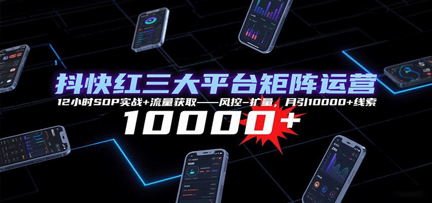 抖快红三大平台矩阵运营，12小时SOP实战+流量获取-风控-扩量，月引10000+线索-猴哥项目网