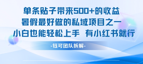 单条贴子带来5张的收益，暑假最好做的私域项目之一，小白也能轻松上手，有小红书就行-猴哥项目网