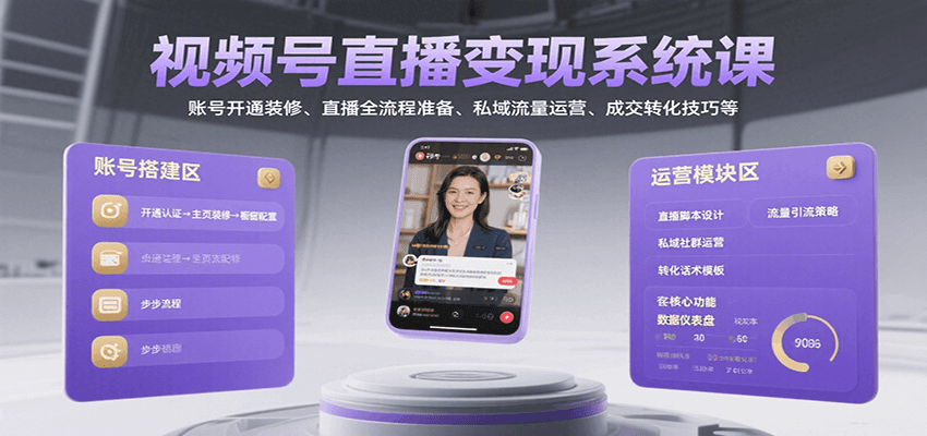 视频号直播变现系统课，账号开通装修、直播全流程准备、私域流量运营、成交转化技巧等-猴哥项目网