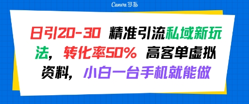 日引 20-30 精准引流私域新玩法，转化率50% 高客单虚拟资料，小白一台手机就能做-猴哥项目网