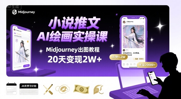 小说推文干货分享之AI绘画MJ出图实操课，用Midjourney做小说推文，20天挣2w-猴哥项目网