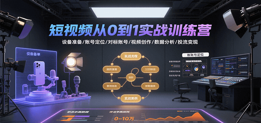 短视频从0到1实战训练营：设备准备/账号定位/对标账号/视频创作/数据分析/投流变现-猴哥项目网
