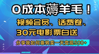 0成本薅羊毛!视频会员、话费卷、30元电影票白送，分享我如何靠转卖一天变现5张+【揭秘】-猴哥项目网