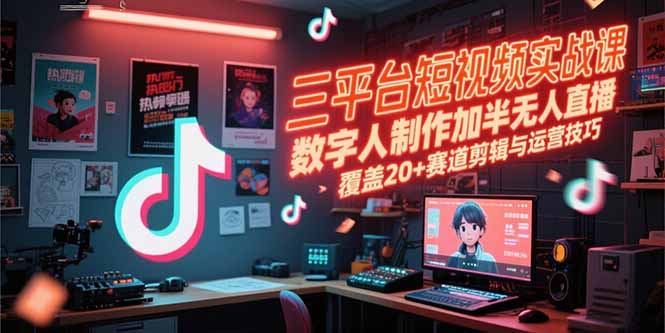 三平台短视频实战课，数字人制作加半无人直播，覆盖20+赛道剪辑与运营技巧-猴哥项目网