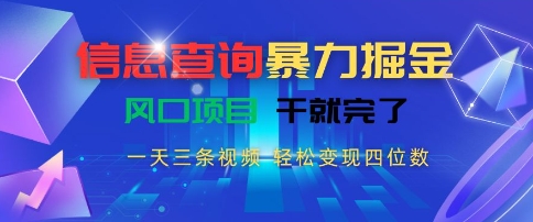 信息查询暴力掘金，一天三条视频，轻松变现四位数，风口项目干就完了【揭秘】-猴哥项目网