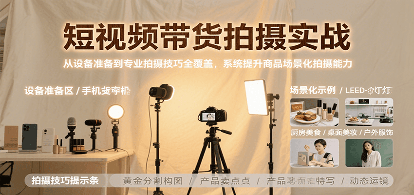 短视频带货拍摄实战，从设备准备到专业拍摄技巧全覆盖，系统提升商品场景化拍摄能力-猴哥项目网
