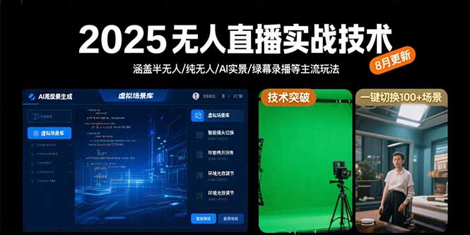 2025无人直播实战技术-8月，涵盖半无人/纯无人/AI实景/绿幕录播等主流玩法-猴哥项目网