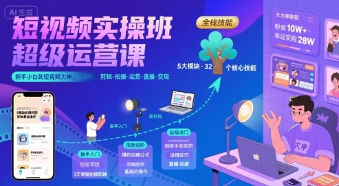 短视频实操班超级运营课，新手小白到短视频大神必修课程，剪辑-拍摄-运营-直播-变现-猴哥项目网
