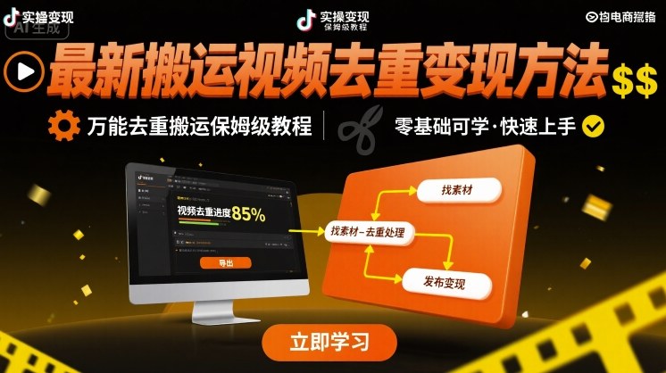 最新搬运视频去重变现方法，万能去重搬运保姆级教程-猴哥项目网