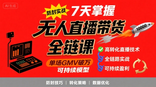 无人直播带货全链防封实战课，7天掌握高转化直播技术，实现单场GMV破万可持续模型-猴哥项目网