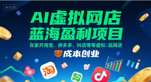 AI虚拟网店蓝海盈利项目，在家开淘宝、拼多多、抖店等虚拟品网店，零成本创业-猴哥项目网